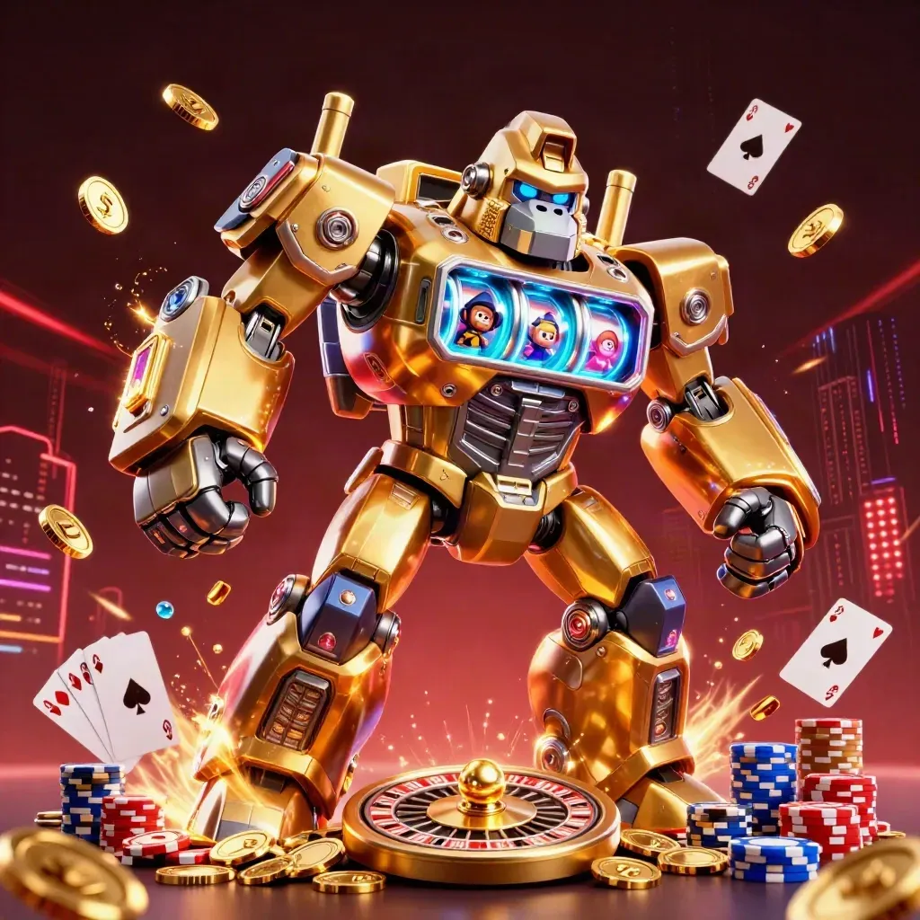 Golden gorilla mech erupts with coins, cards, chips, and neon energy in a dark casino scene.