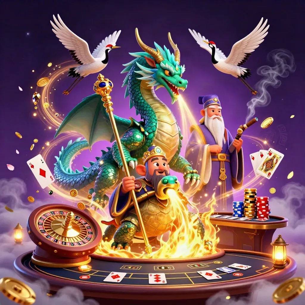 Jade dragon, turtle sage, cranes, roulette wheel, coins and gems in a neon casino room