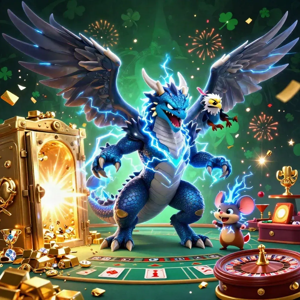 Thunder dragon, hawk, and mouse amid treasure vault light, gold, lightning, and casino glamour.