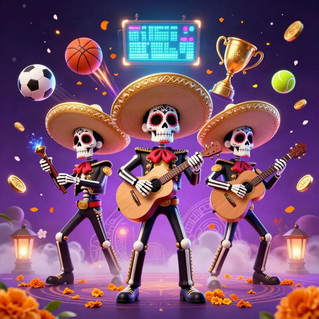 Three skeleton mariachi performers amid flying sports balls, trophy, coins, and neon-blue magic.