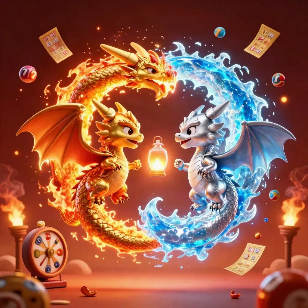 Gold and silver dragons spiral with fire and ice, surrounded by casino game icons on a dark glowing background.