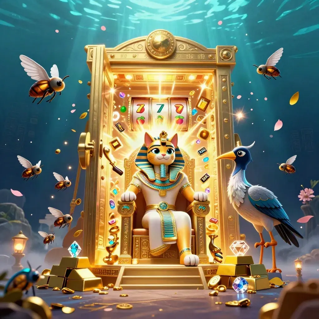 Pharaoh cat, ibis scribe and gem-winged scarabs amid a bursting golden vault and slot symbols.